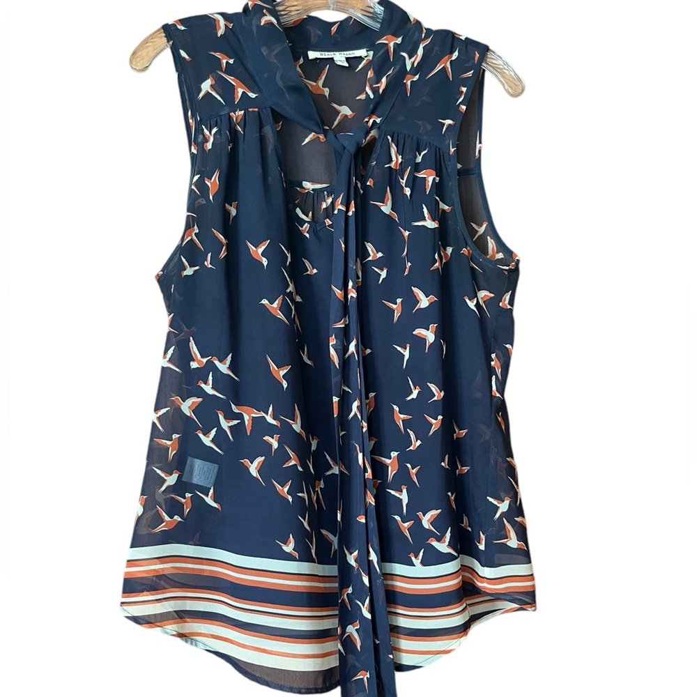 Black Rainn Navy Blue bird print tank blouse w/sheer overlay, tie at neck medium